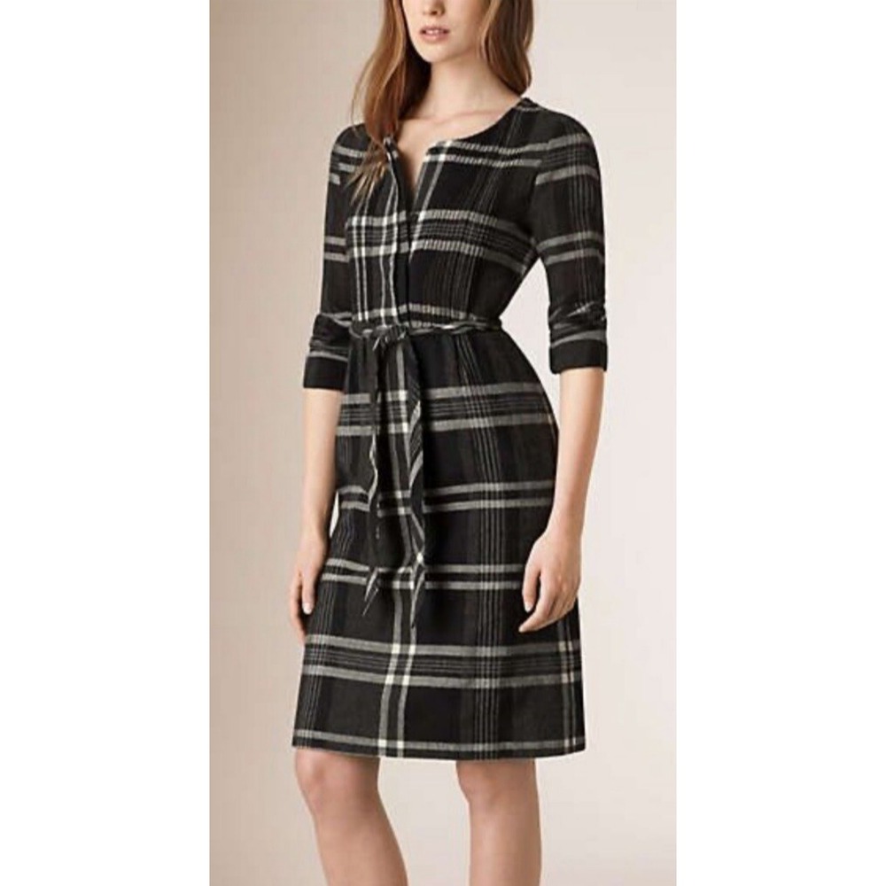 Burberry Brit Black And White Nova Check Dress with feathers and bouclé Womens M